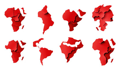 A collection of abstract red map shapes representing the African continent in various orientations. geographical diversity and artistic interpretation. suitable for educational or decorative use