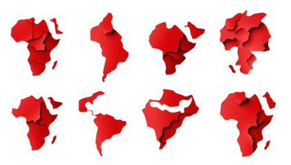 A collection of abstract red map shapes representing the African continent in various orientations. geographical diversity and artistic interpretation. suitable for educational or decorative use