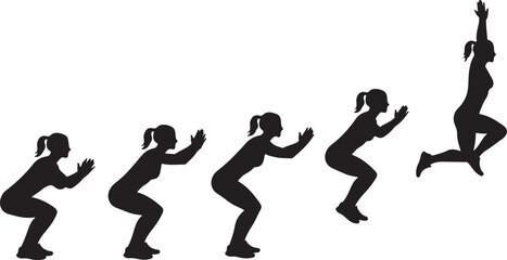 PrintJump squat silhouette, fitness exercise sequence, plyometric movement, black figure art, athletic posture, workout form, 