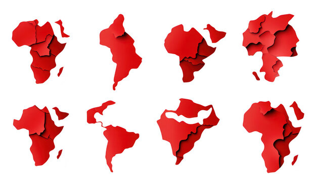 A collection of abstract red map shapes representing the African continent in various orientations. geographical diversity and artistic interpretation. suitable for educational or decorative use