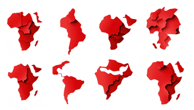 A collection of abstract red map shapes representing the African continent in various orientations. geographical diversity and artistic interpretation. suitable for educational or decorative use