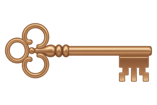 Ornate golden key symbolizing access and security on transparent background