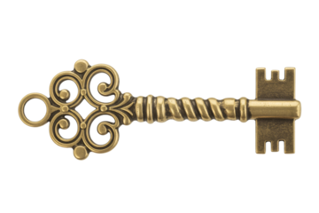 Ornate antique skeleton key with intricate design against on transparent background