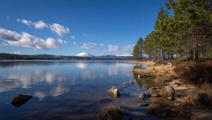 A serene lake scene displays a tranquil reflection of a snow-capped mountain range beneath a vibrant blue sky filled with fluffy clouds.
