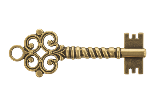 Ornate antique skeleton key with intricate design against on transparent background