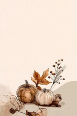 Elegant Autumn Still Life with Pumpkins and Natural Elements on Neutral Background