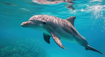 Naklejka premium Bottlenose Dolphin Swimming Gracefully Underwater in Turquoise Ocean