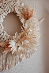 Elegant Boho Macrame Wreath with Dried Flowers and Textured Fringe Design