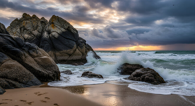 Ocean waves crashing against rocks under a cloudy sky at sunset in a scenic coastal landscape