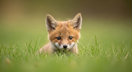 Fototapeta premium Adorable Red Fox Cub Peeking from Lush Green Grass
