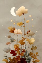 Elegant Floral Illustration with Moon and Stars in Soft Earthy Tones
