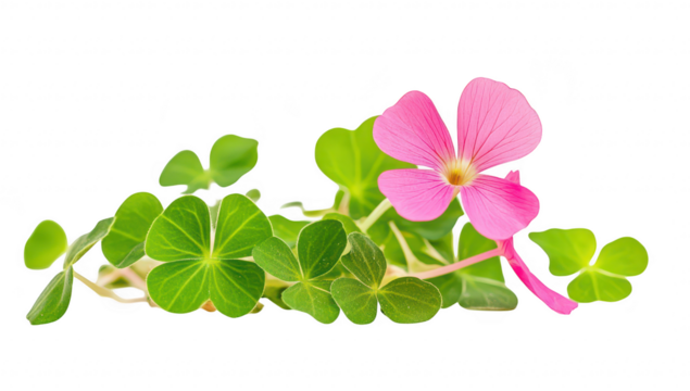 A pink flower with delicate petals. surrounded by lush green clover leaves. set against a clean white background. ideal for botanical illustrations or nature-themed designs
