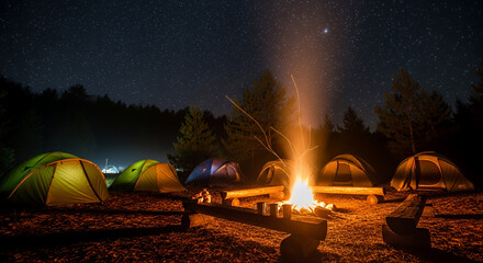 A group of tents surrounding a campfire under a night sky filled with countless stars at a campsite