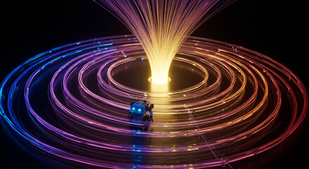 Abstract swirling vortex of colorful fiber optic lights with a bright yellow glow emanating from the center against a dark background