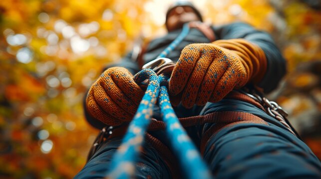 A climber prepares their gear amidst stunning fall foliage, showcasing the beauty and excitement of outdoor adventures