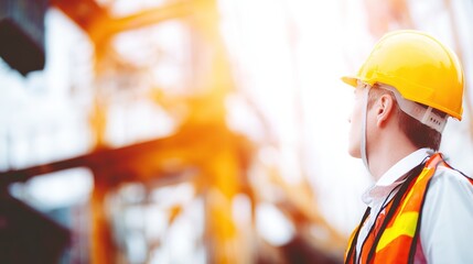 Workplace safety and team value promotion with construction worker in professional safety equipment