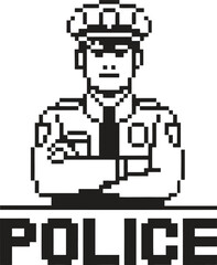 Fototapeta premium Pixel art police officer standing with arms crossed and police text