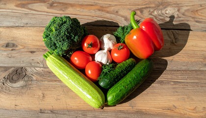 Fresh vegetables in shape of heart on table. Natural and tasty food. Healthy farm product.