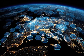 A high-altitude view of Europe overlaid with a network of glowing hexagons, showcasing city lights and a sense of digital connectivity.