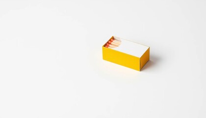 A small yellow matchbox, slightly open, revealing wooden matches, sits on a pristine white background, simple, graphic
