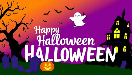 Happy halloween spooky haunted house scene with ghost pumpkin and bats flying at night