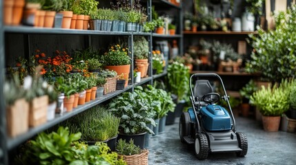 A bustling garden shop showcases an array of potted plants with a gardening cart poised for tending to the greenery