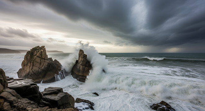 Waves crashing against rocks under a stormy sky creating a dramatic seascape with cloudy weather