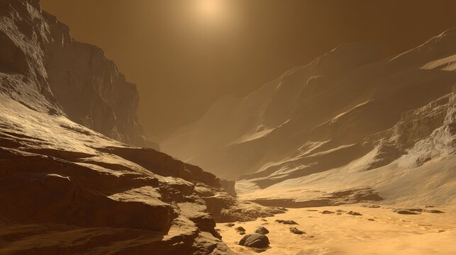 Cinematic low-angle shot of desert canyon at sunset, deep shadows and glowing rim light outline rocks, warm orange grade and sunflare add drama