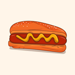 delicious tasty hot dog with yellow mustard in cartoon illustration design
