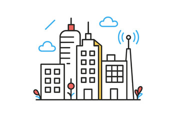 Fototapeta premium City skyline illustration featuring modern buildings with greenery and clouds against a clear sky