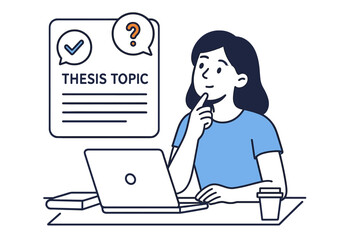 Student brainstorming for thesis topic with laptop and notes at study desk