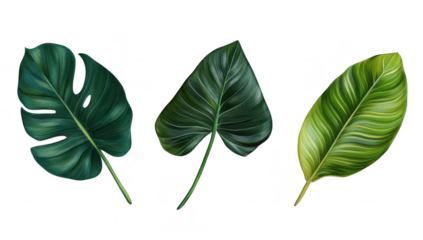 A collection of tropical leaves diverse shapes and textures. set against a clean white background. ideal for use in nature-themed designs or botanical illustrations