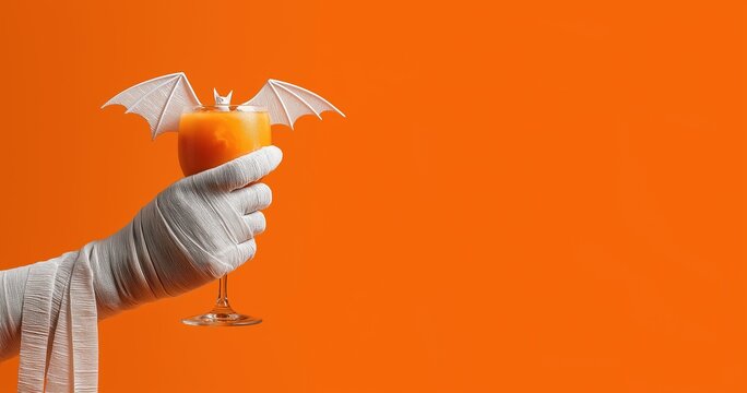 hand in white mummy bandages holding a cocktail with a bat wing on an orange background, with copy space for a concept for a halloween party banner or menu for a bar and club.