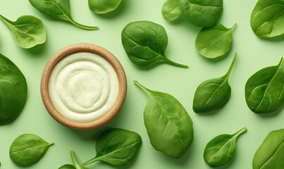 Obraz premium fresh spinach leaves and a bowl with ranch dressing on a light green background, top view.