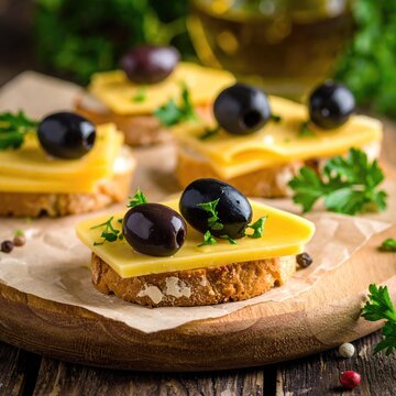 Close-up of cheese and olive appetizers on toasted bread (1)