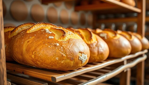 Golden-brown sourdough loaves cooling on a wooden rack in a rustic bakery, backdrop, rustic - Powered by Adobe