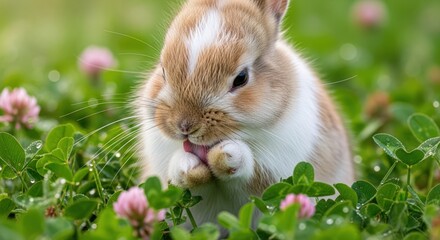 Cute Baby Bunny Licking Paw in Clover Field