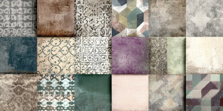 A collage of 16 square textured tiles showcasing various muted color palettes and intricate patterns, ranging from geometric designs to floral motifs