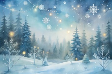 Obraz premium Watercolor Winter Wonderland Landscape with Snowflakes Trees and Festive Lights for Christmas