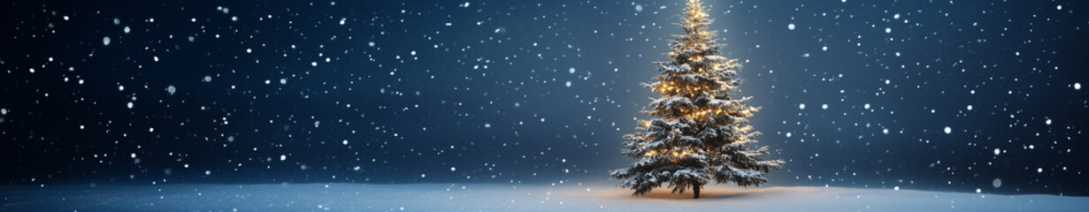 Snow covered Christmas tree banner with copy space