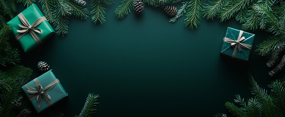 Top view of an emerald green surface with wrapped presents and copy space