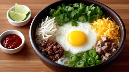 Top View of Asian Noodle Bowl with Fried Egg and Toppings on Wooden Table