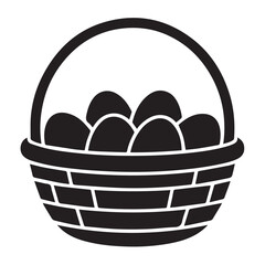 Black silhouette of a woven basket filled with eggs, isolated on white background technology background