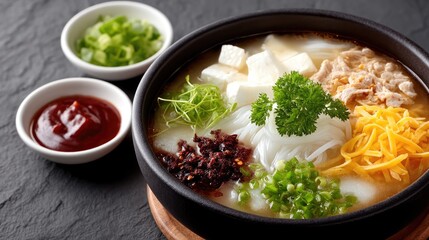 Top View of Delicious Asian Noodle Soup with Tofu Meat and Colorful Toppings in a Black Bowl on Dark Stone Background Cinematic HDR Food Photo