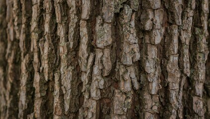 Obraz premium Close-up view of a tree trunk's textured bark, displaying intricate vertical patterns and various shades of brown and gray.