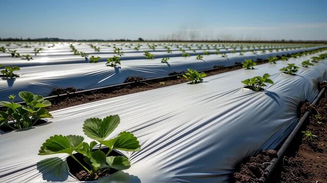 Medium shot of reflective silver plastic mulch layered on soil demonstrating heat reflection benefits and pest deterrence techniques in modern plasticulture farming.
