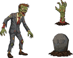 Creepy cartoon zombie rising from grave, undead monster in tattered suit, horror Halloween character with tombstone and scary green hand vector