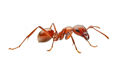 A close-up view of a realistic red ant walking on a white surface. its intricate body structure and fine details. ideal for educational materials or nature-themed projects