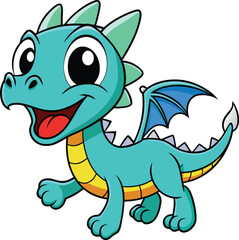 A cheerful cartoon baby dragon with bright blue wings and yellow belly cute vector illustration EPS file download.
