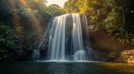 Waterfall with silk effect long exposure in tropical rainforest